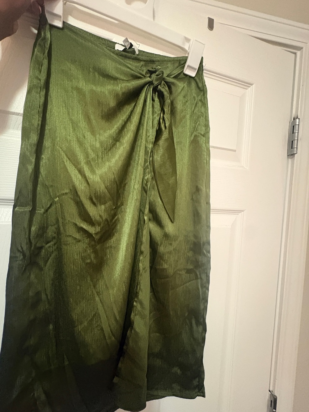 Satin Wrap Midi Skirt in Olive Green